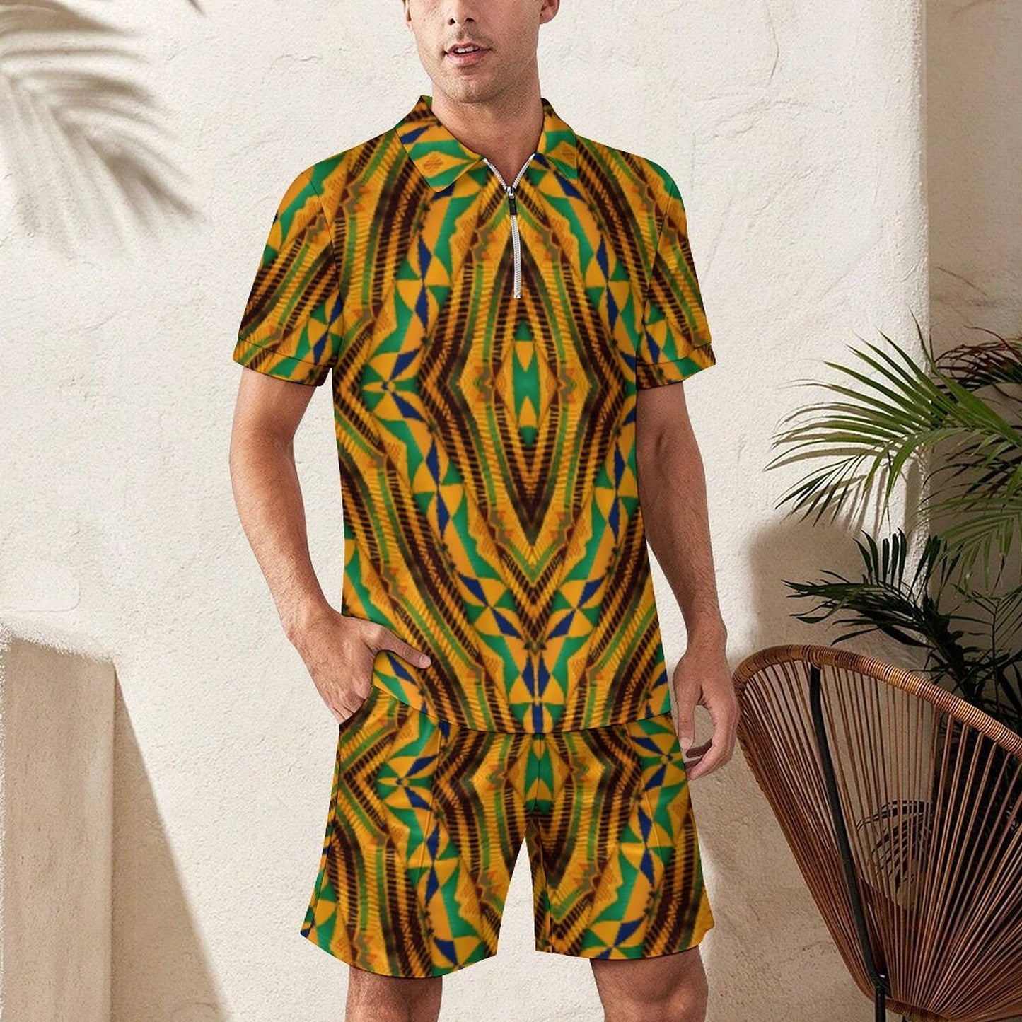 Men's Bold African Kente Inspired Pattern All-Over Print Zip-Up Polo Set