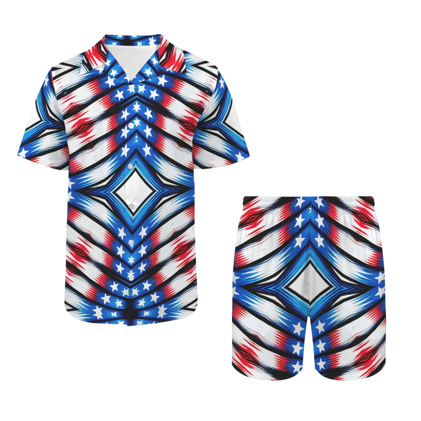 Men's Red White & Blue Geometric Pattern All-Over Print Hawaiian Shirt & Shorts Set