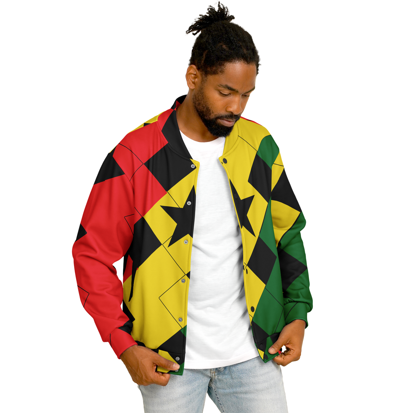 Men's Red Yellow Green and Black Stars Baseball Jacket