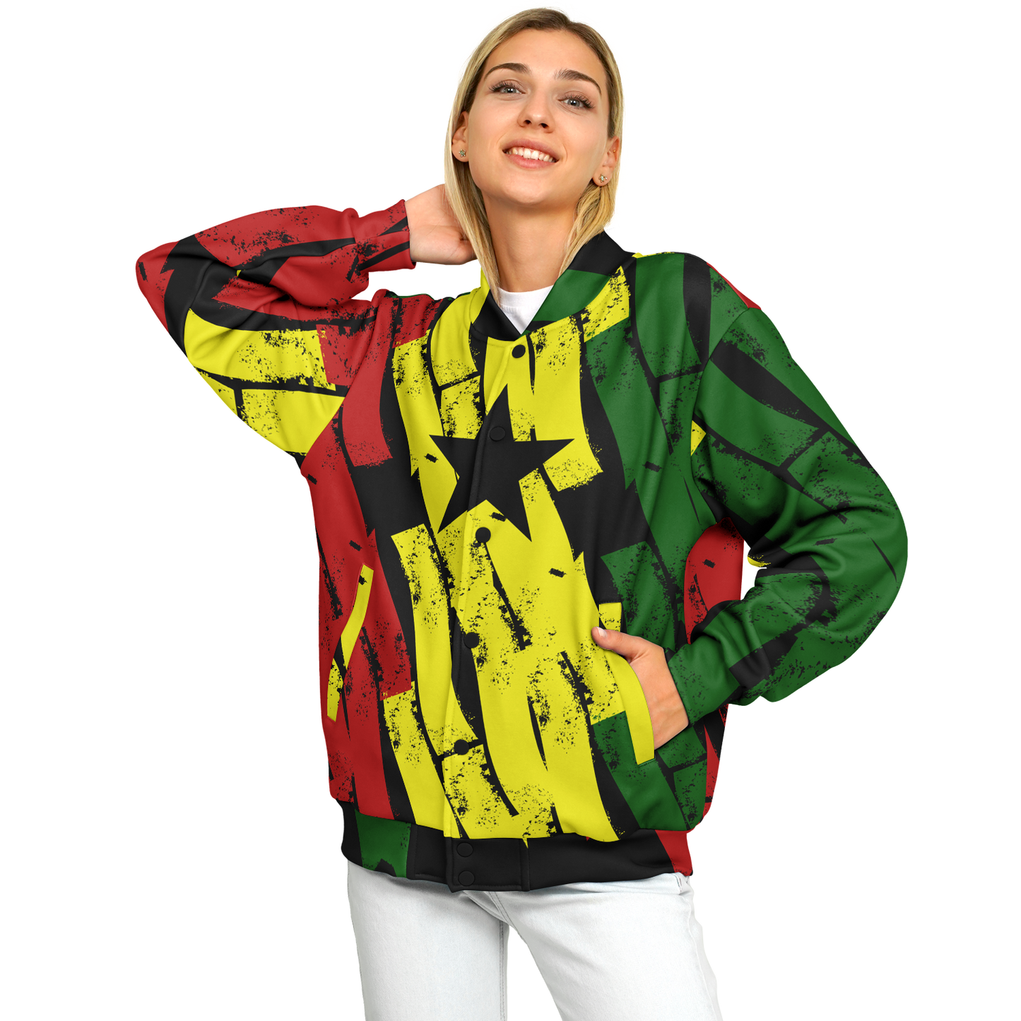 Women's Ghana Flag & Black Star Pattern All-Over Print Baseball Jacket