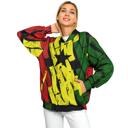 Women's Ghana Flag & Black Star Pattern All-Over Print Baseball Jacket
