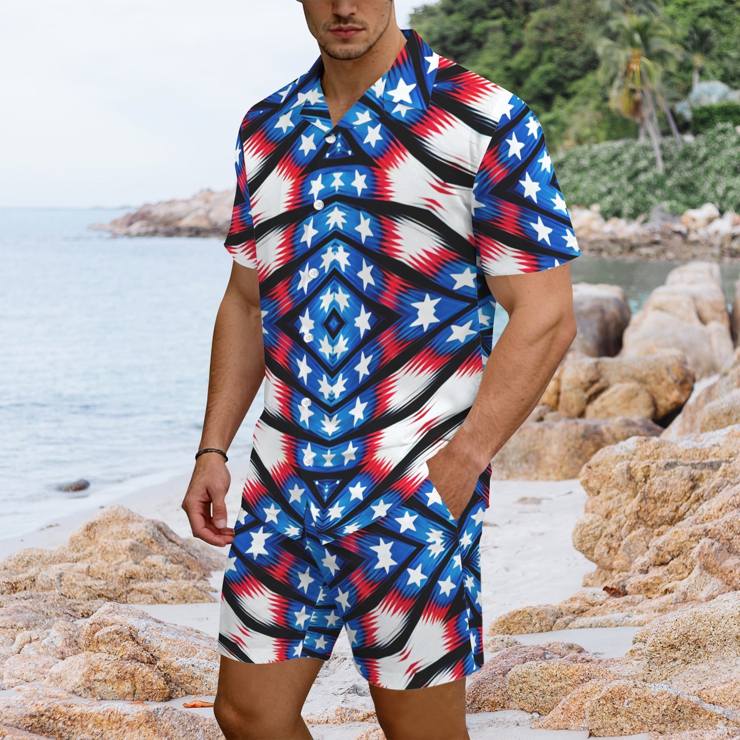 Men's American Flag Pattern All-Over Print Hawaiian Shirt & Shorts Set