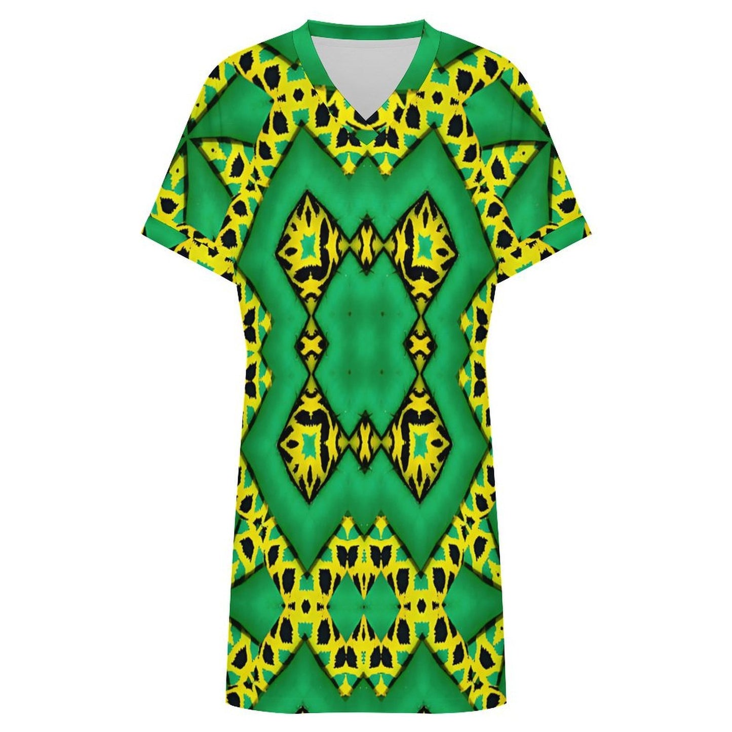 Women's Bold Green Black & Yellow Kaleidoscope Pattern All-Over Print Casual V-Neck Dress with Rolled Cuffs