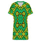 Women's Bold Green Black & Yellow Kaleidoscope Pattern All-Over Print Casual V-Neck Dress with Rolled Cuffs