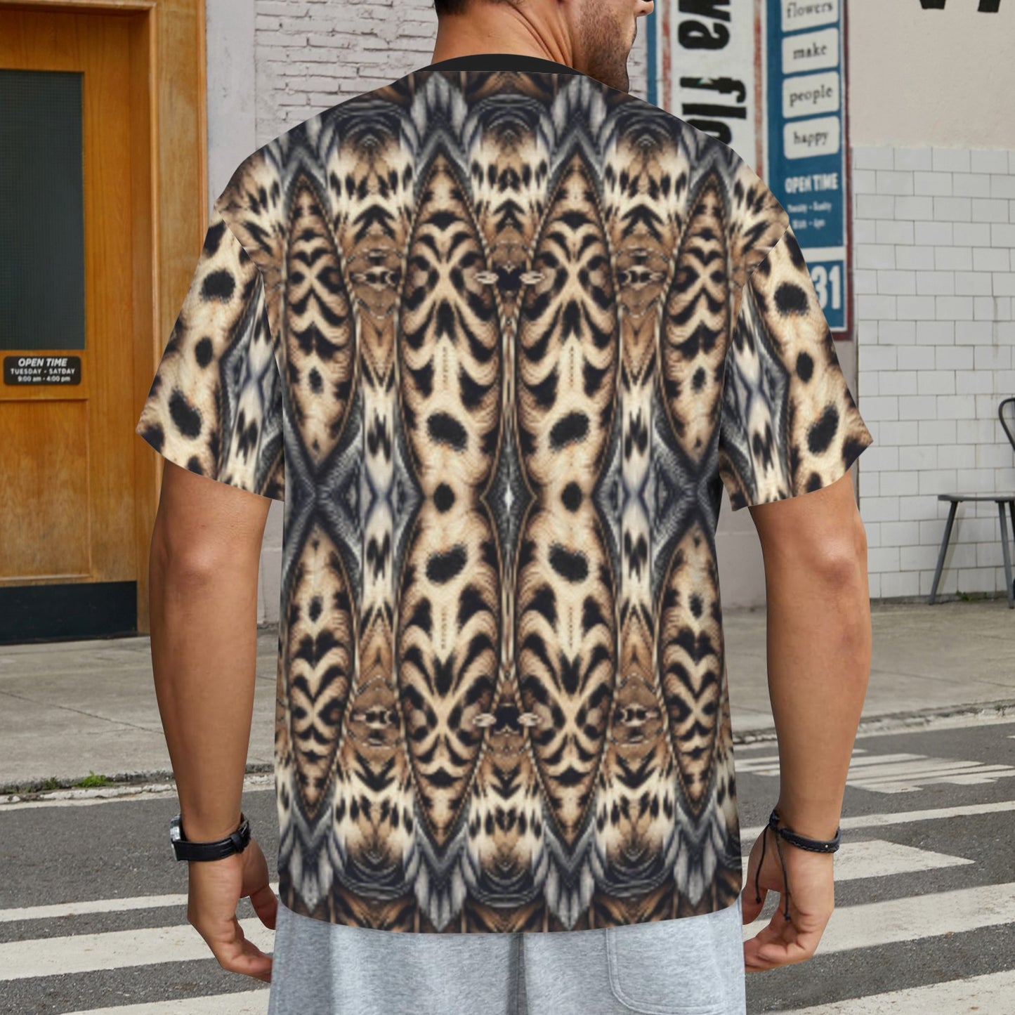 Men's Leopard Trendy Geometric Pattern All-Over Print All Over Print Ribbed Collar T-Shirt