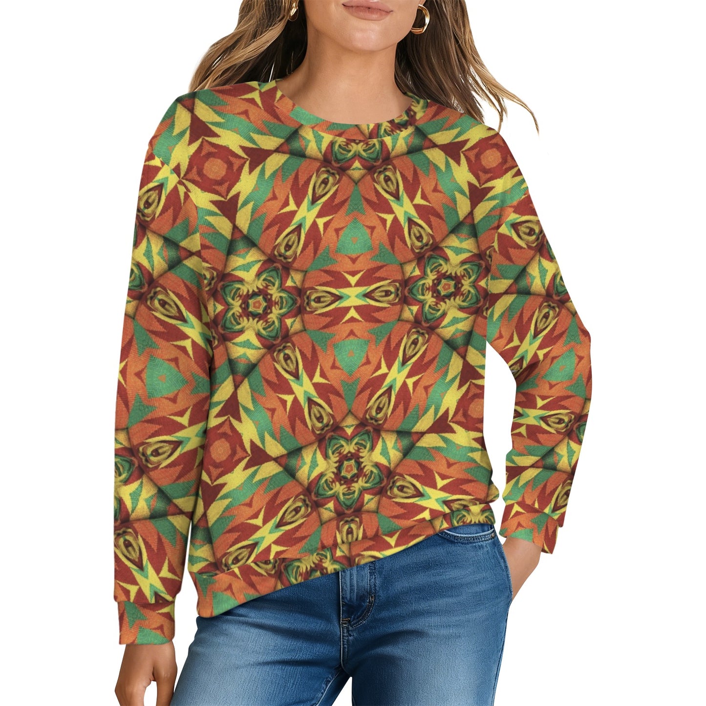 Women's Bold Tribal Kaleidoscope Pattern All Over Print Crew Neck Sweater