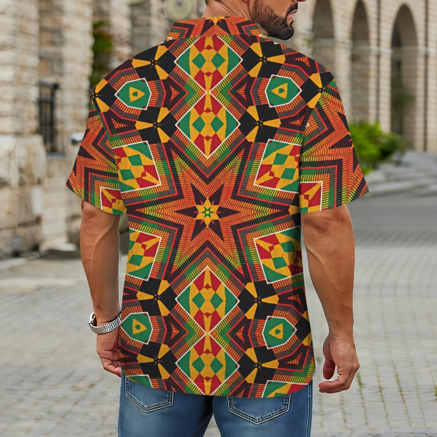 Men's African Kente Geometric Star Pattern All-Over Print Zipper Polo Shirt
