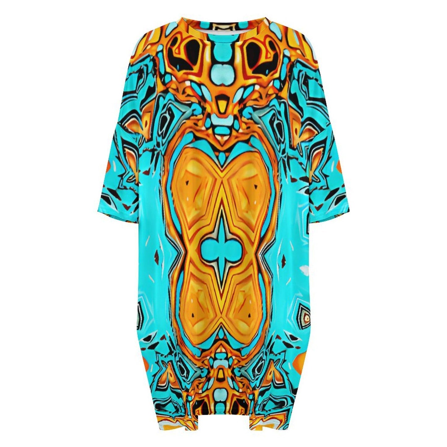Women's Turquoise & Orange Geometric Pattern All Over Print Oversized T- Shirt Loungewear