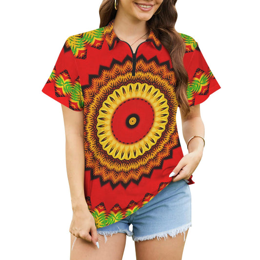 Women's Red Tribal Kaleidoscope Pattern All Over Print Zipper Polo Shirt