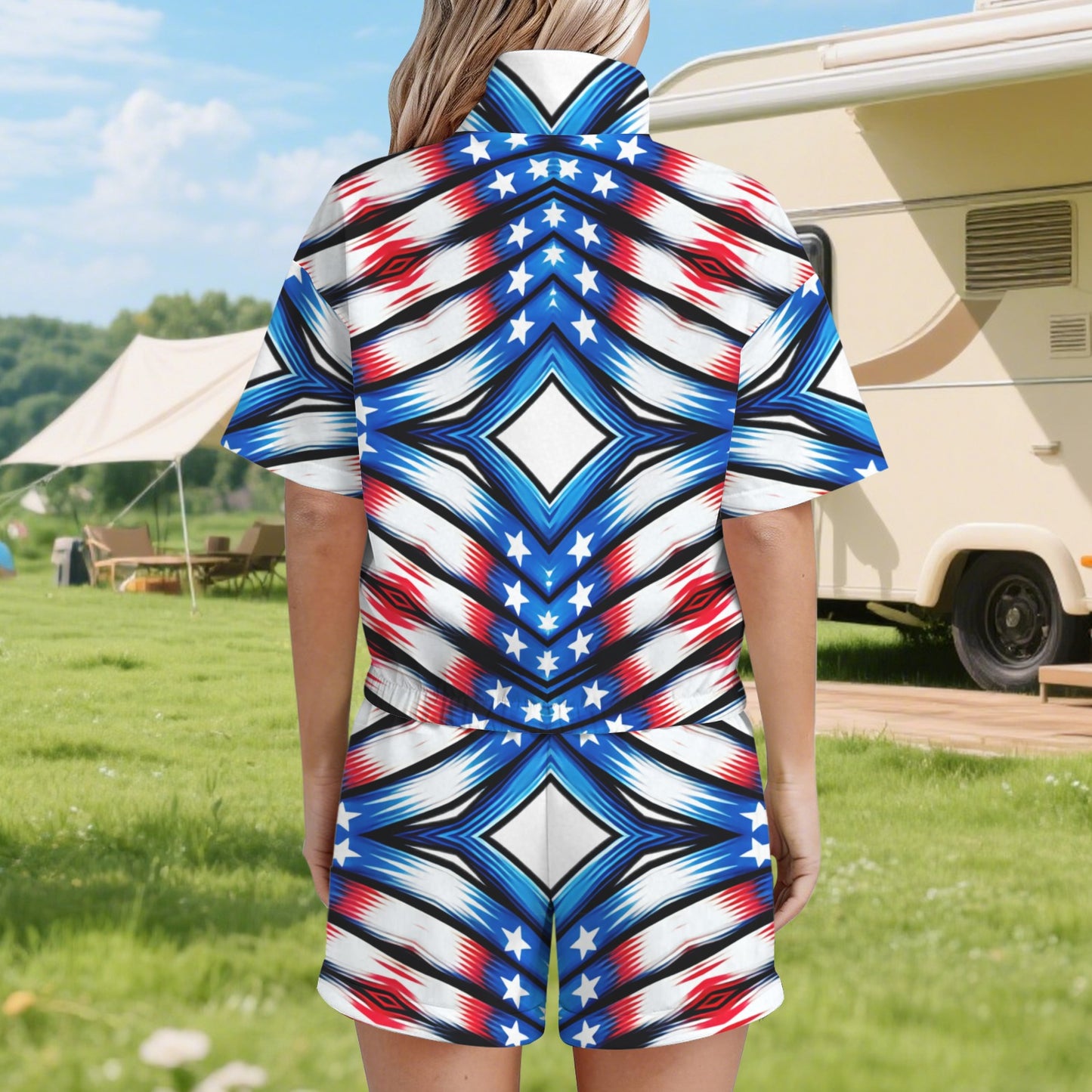 Women's Red White Blue Geometric Pattern All-Over Print All Over Print Windbreaker Short Set