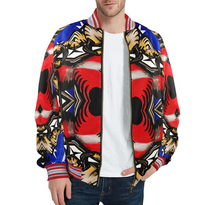 Men's Patriotic Kaleidoscope Pattern All-Over Print Striped Trim Bomber Jacket