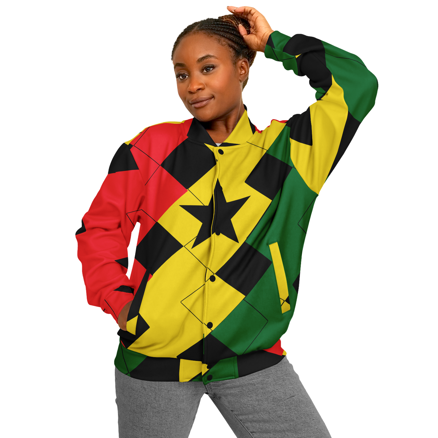 Women's Red Yellow Green and Black Stars Baseball Jacket