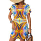 Women's Abstract Sunburst Pattern All Over print Casual V-Neck Dress with Rolled Cuffs