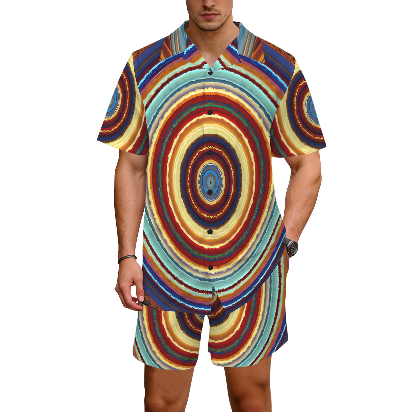 Men's Retro Radiant Circle Pattern All-Over Print Hawaiian Shirt & Shorts Set