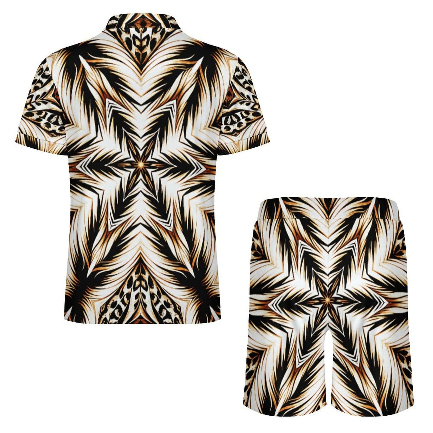Men's Golden Baroque Pattern All-Over Print Zip-Up Polo Set