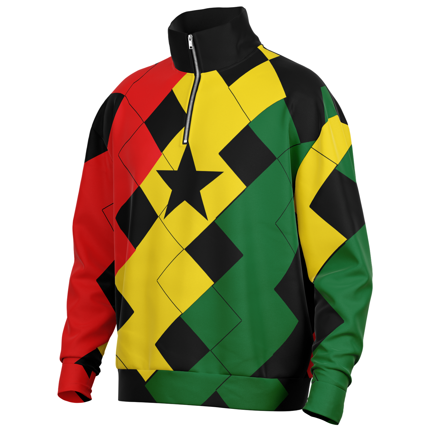 Women's Red Yellow Green and Black Stars Heavyweight Oversized Quarter Zip Sweatshirt