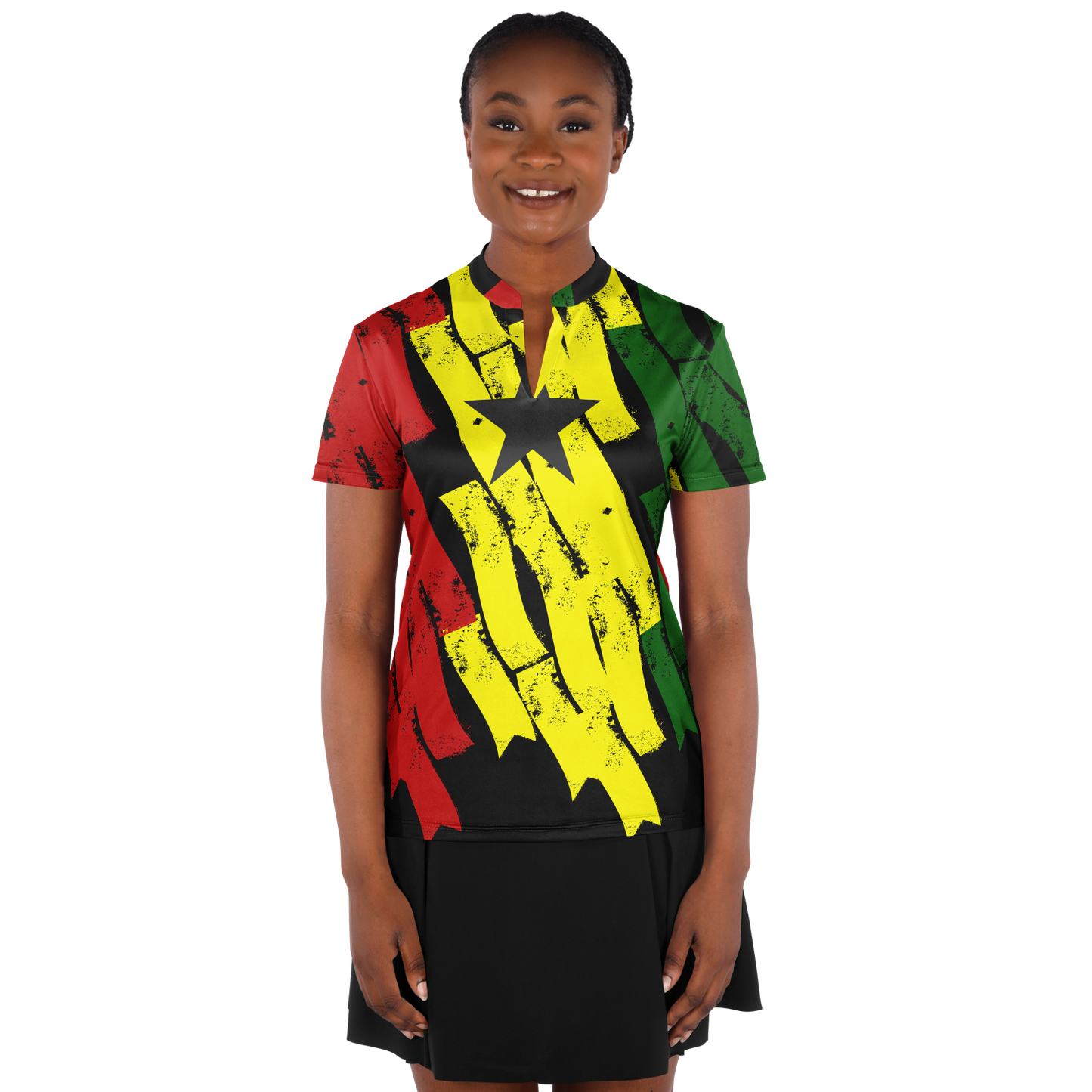 Women's Red Yellow Green Black Stars Polyester Stand Up Collar Polo Shirt