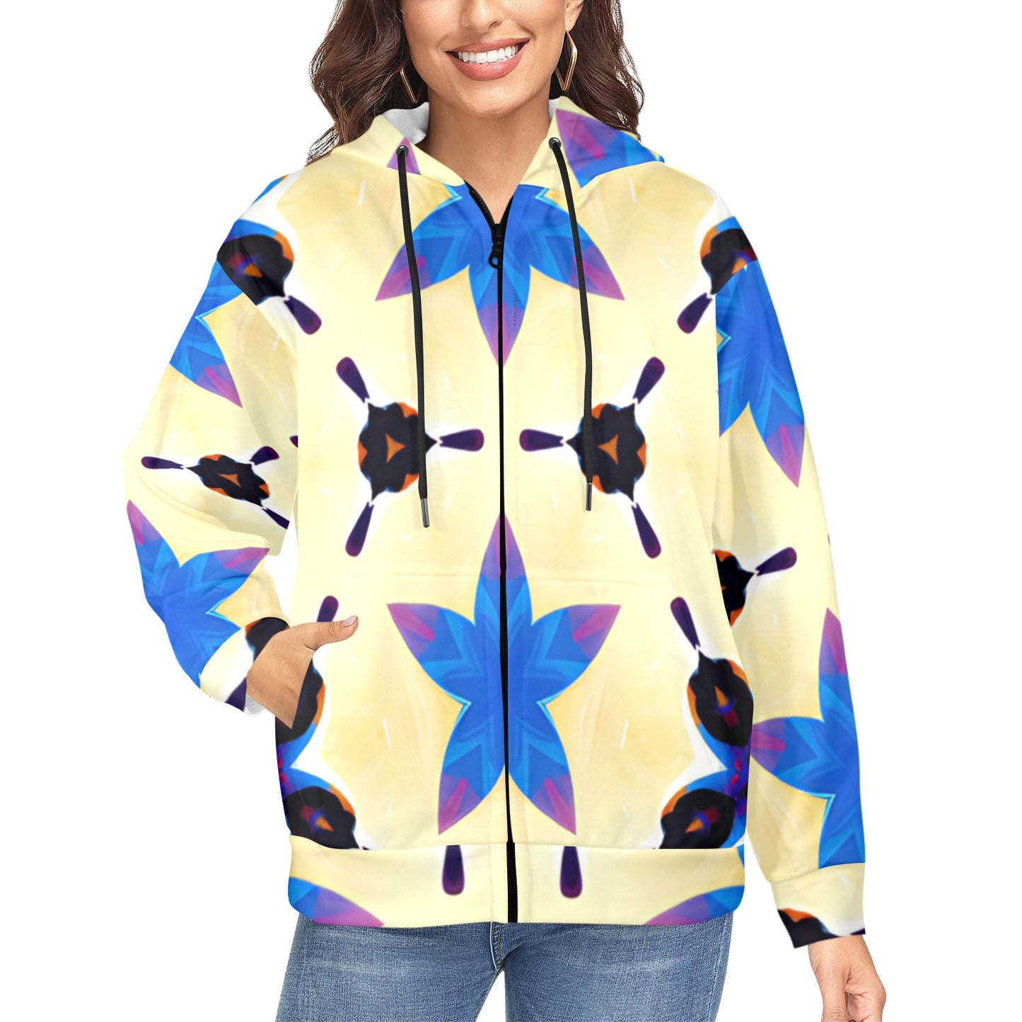 Women's Blue Floral Kaleidoscope Pattern All-Over Print Women's Fleece Full-Zip Hoodie (Model H60)