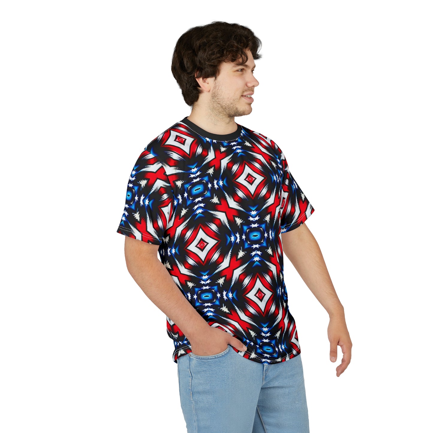 Men's Red White Blue Geometric Pattern All-Over Print Unisex Cut & Sew Tee