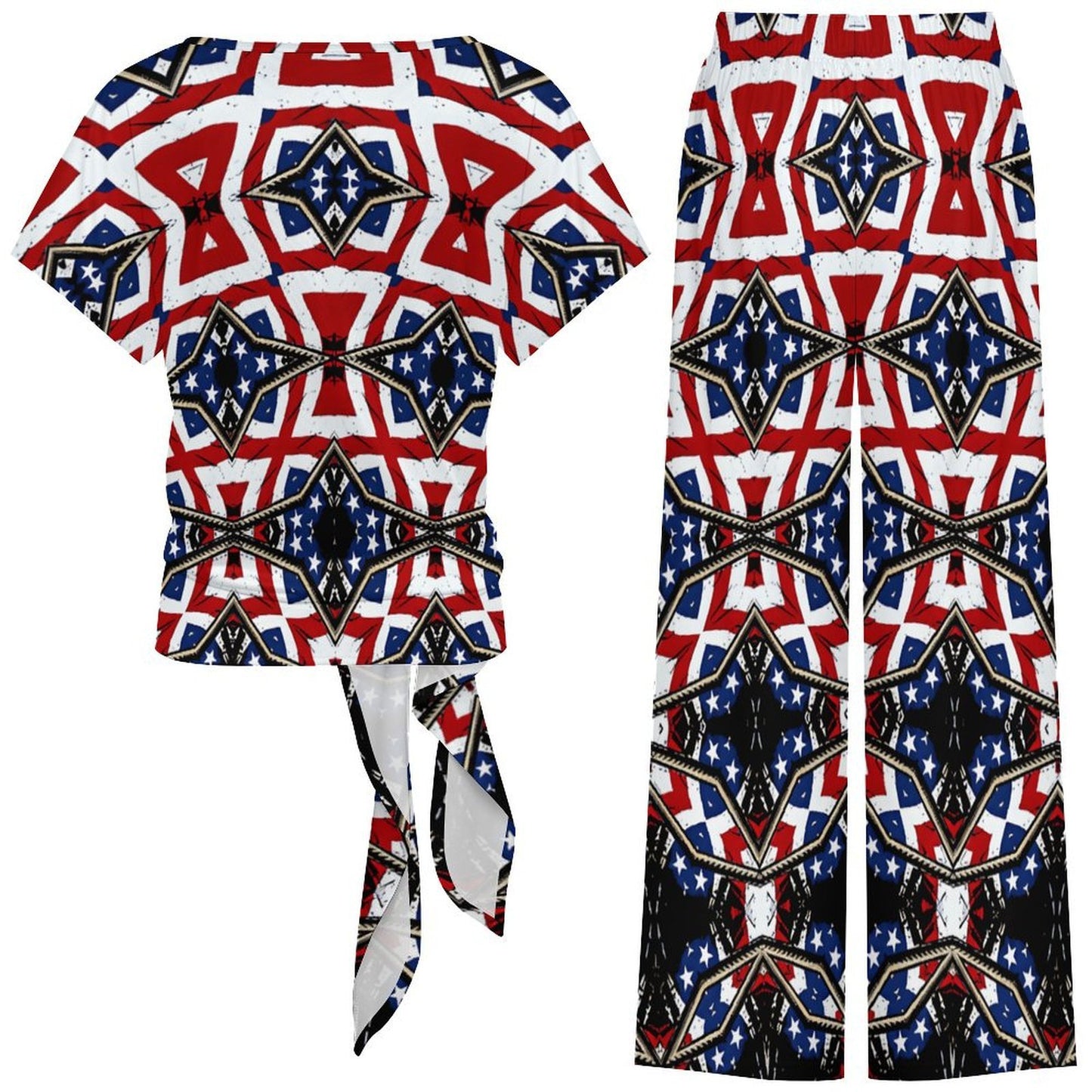 Women's Patriotic Star Kaleidoscope Pattern All-Over Print Side-Tie Short Sleeve Top & Wide-Leg Pants Set