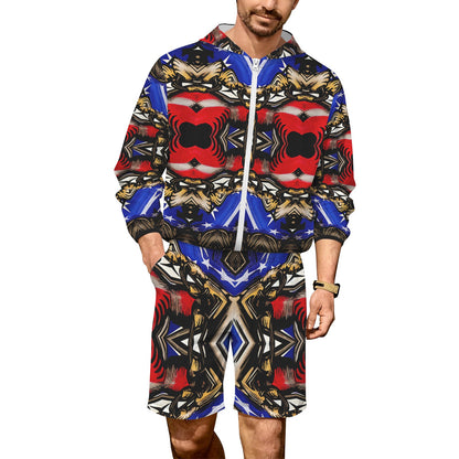 Men's Patriotic Kaleidoscope Pattern All-Over Print Lightweight Sun Hoodie & Shorts Set