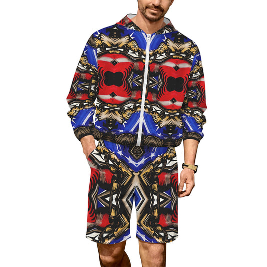 Men's Patriotic Kaleidoscope Pattern All-Over Print Lightweight Sun Hoodie & Shorts Set