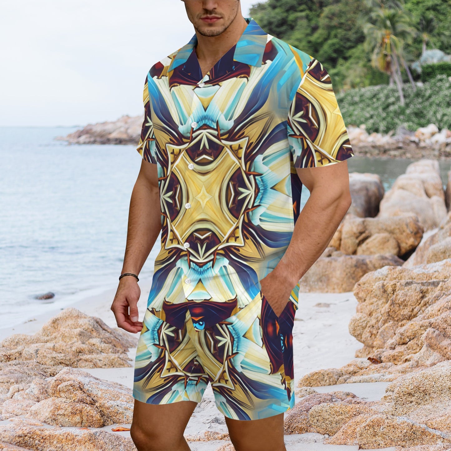 Men's Abstract Teal & Gold Pattern All Over Print Hawaiian Shirt & Shorts Set