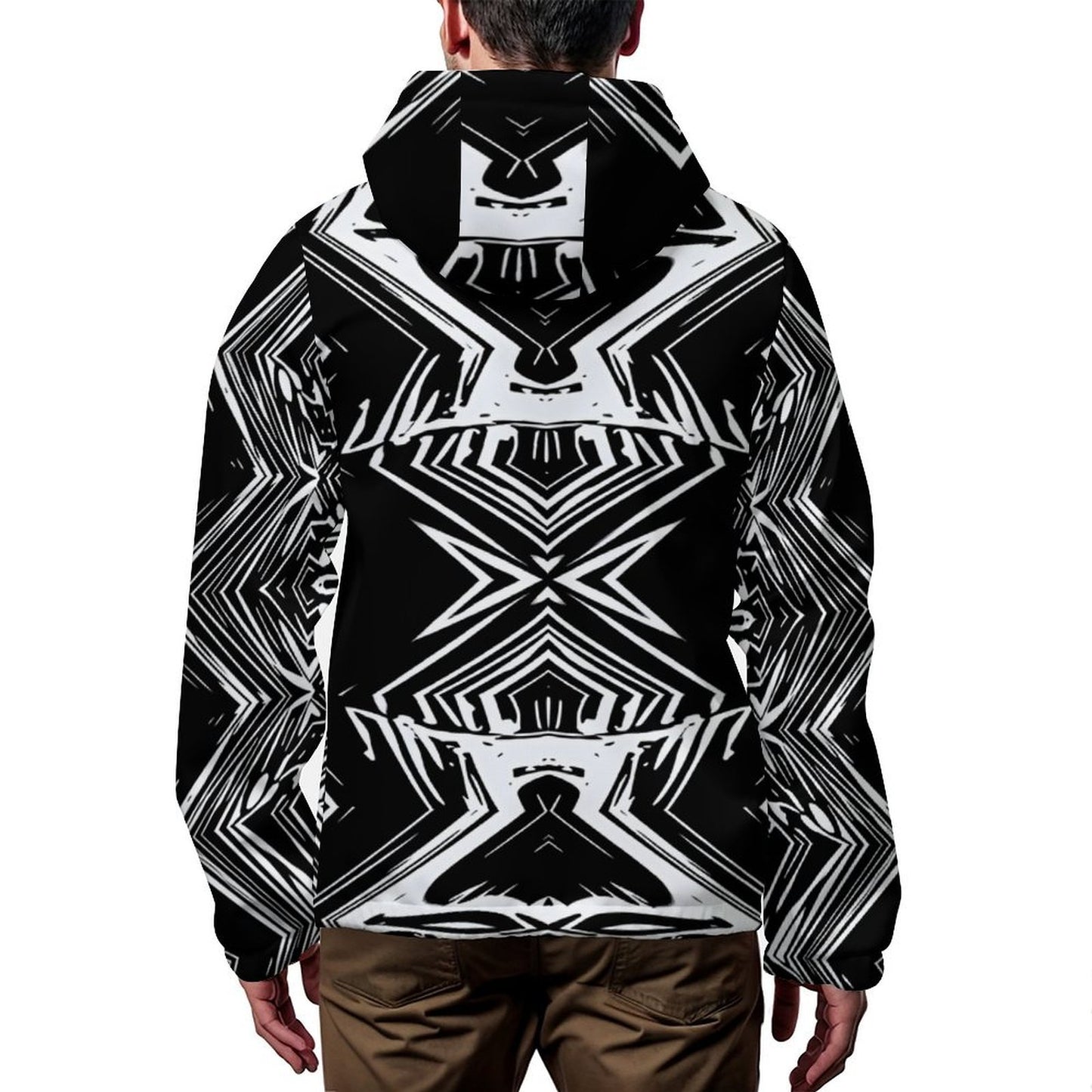 Men's Black & White Geometric Pattern All-Over Print Hooded Windbreaker Jacket