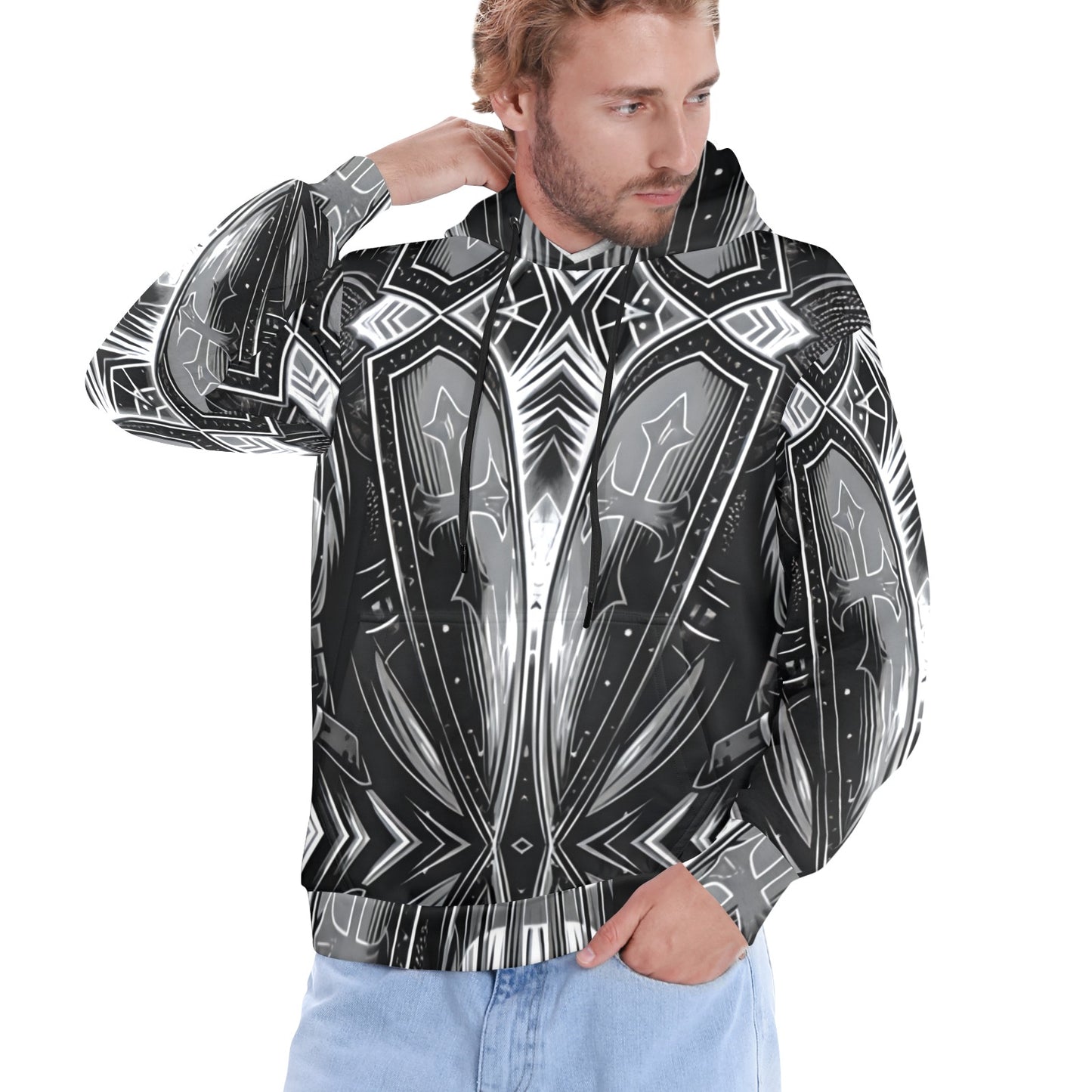 Men's Monochrome Kaleidoscope Pattern All-Over Print Men's All Over Print Hoodie.