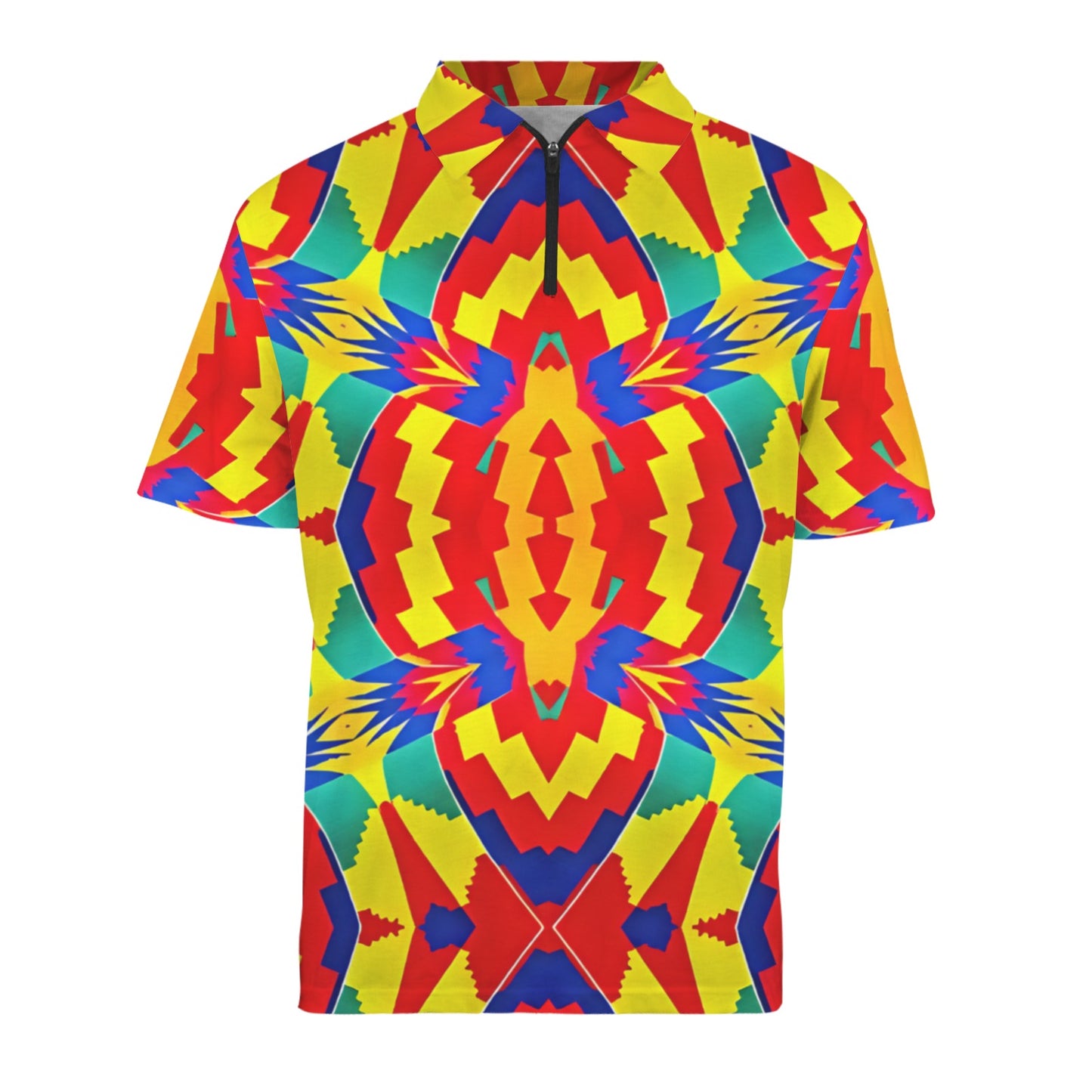 Men's Vibrant African Kente Geometric Pattern All-Over Print Zipper Polo Shirt.