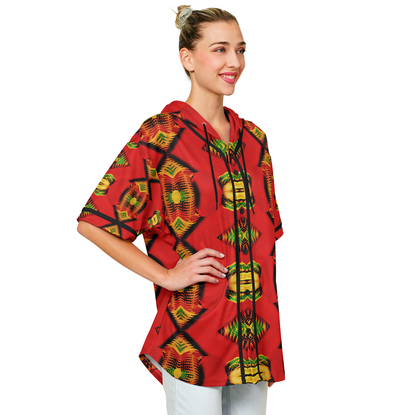 Women's Red Bold Tribal All-Over Print Hooded Baseball Jersey