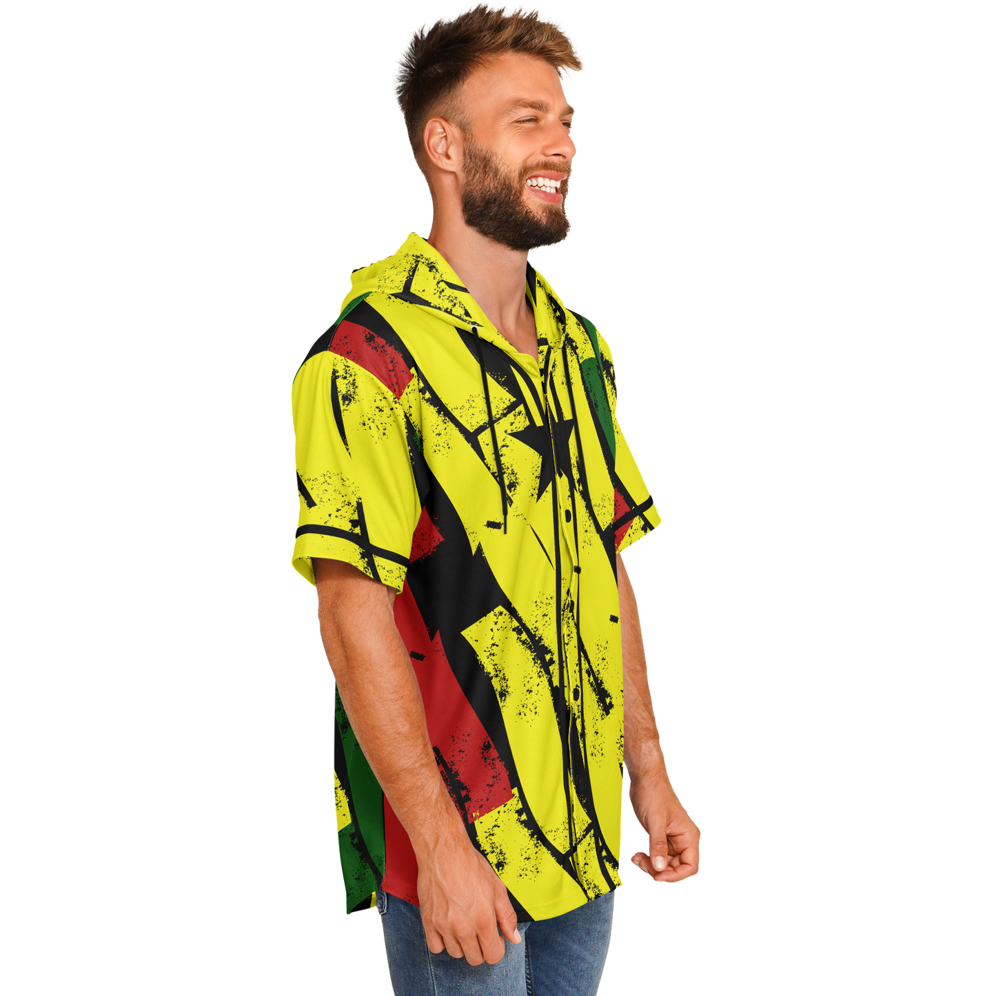 Men's Ghana Flag & Black Star Pattern All-Over Print Hooded Baseball Jersey