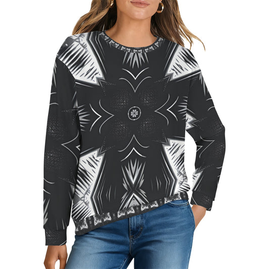 Women's Black & White Kaleidoscope Pattern All Over Print Crew Neck Sweater