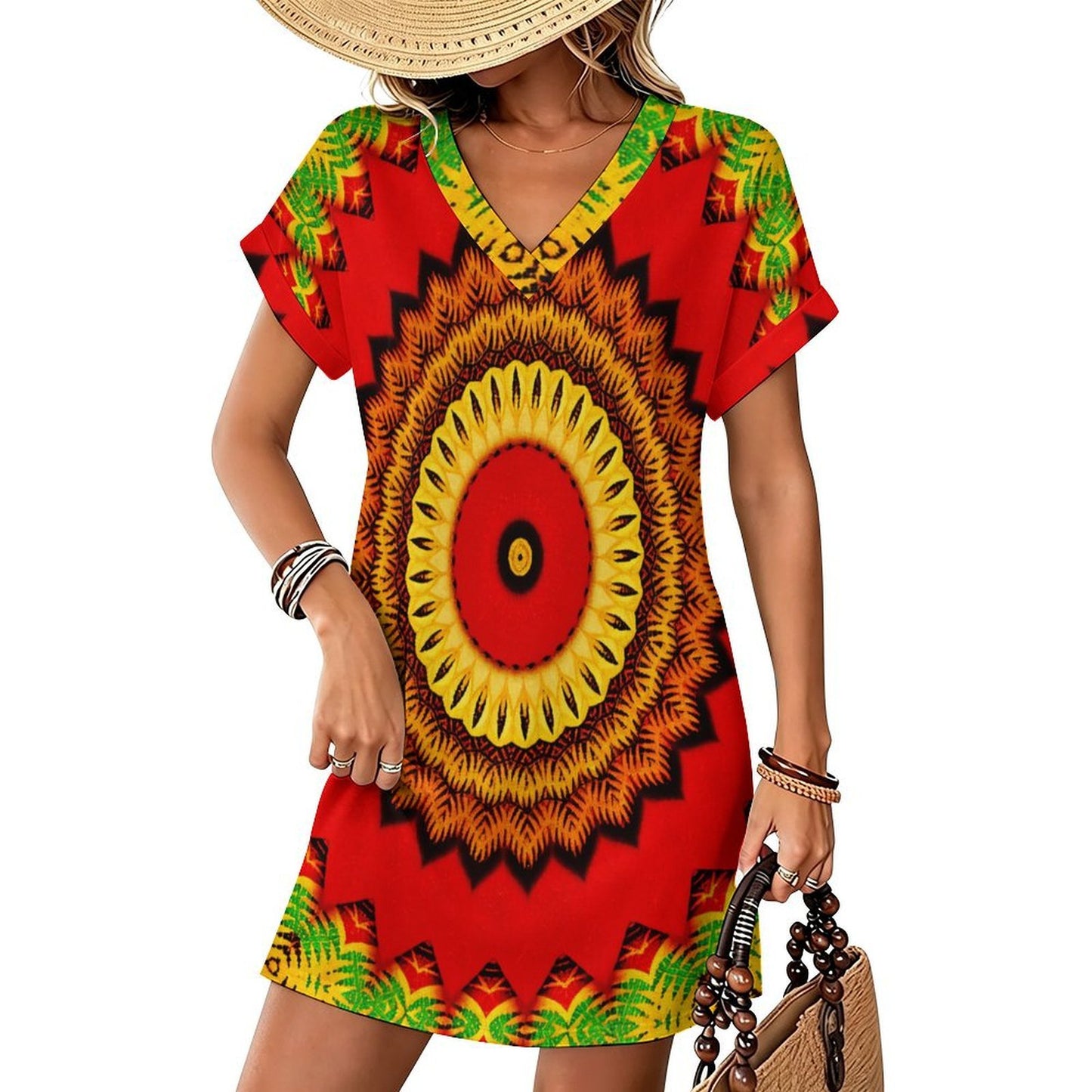 Women's Red Tribal Kaleidoscope Pattern All Over Print  Casual V-Neck Dress with Rolled Cuffs
