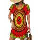 Women's Red Tribal Kaleidoscope Pattern All Over Print  Casual V-Neck Dress with Rolled Cuffs