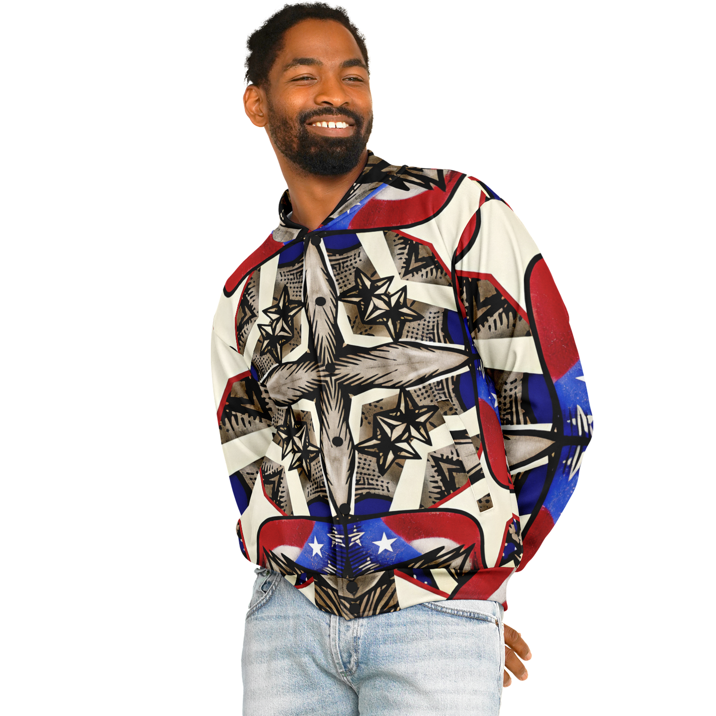 Men's Patriotic Star Kaleidoscope Pattern All-Over Print Baseball Jacket