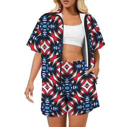 Women's Red White Blue Geometric Pattern All-Over Print All Over Print Windbreaker Short Set