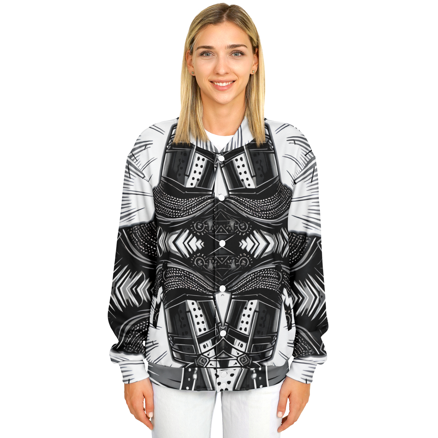 Women's Classic Black & White Geometric Pattern All Over Print Baseball Jacket
