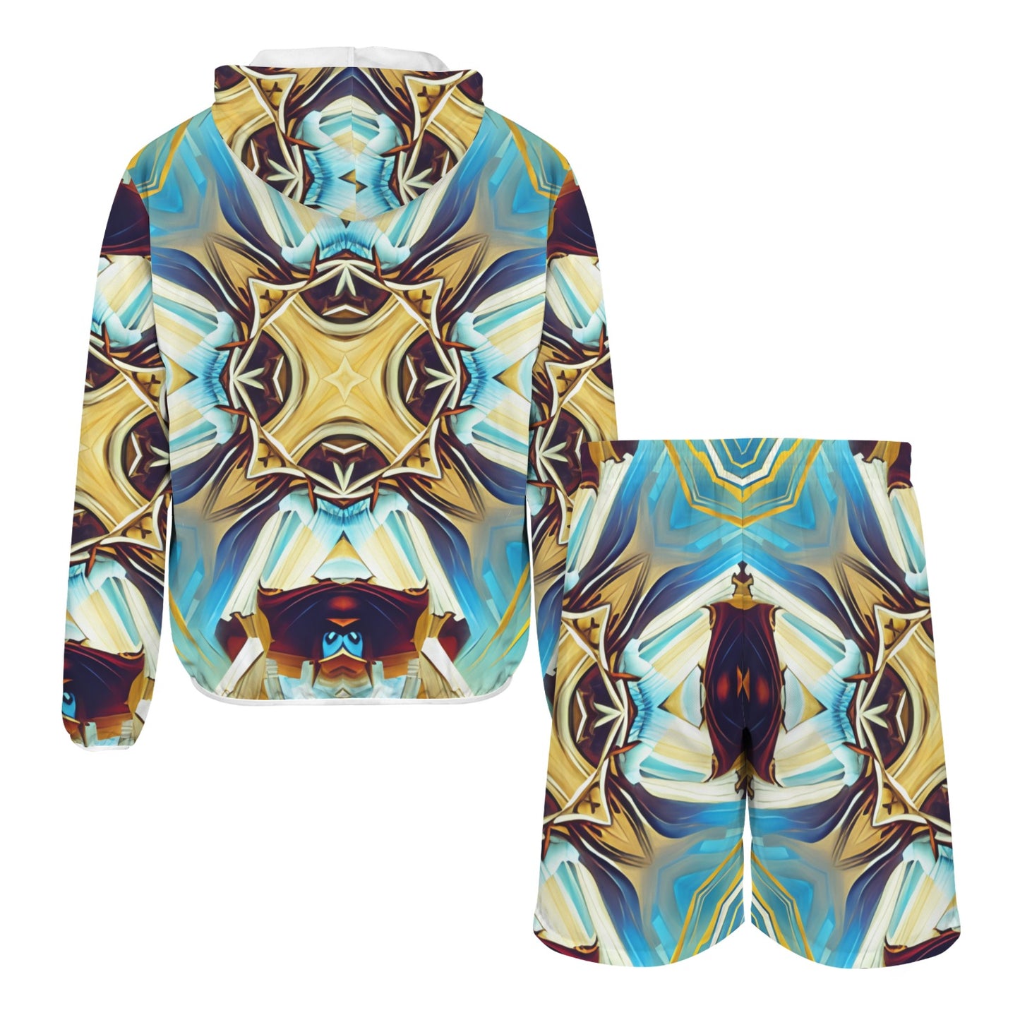 Men's Abstract Teal & Gold Pattern All Over Print Lightweight Sun Hoodie & Shorts Set