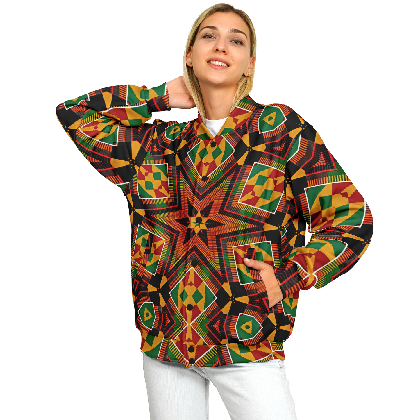 Women's African Kente Geometric Star Pattern All-Over Print Baseball Jacket