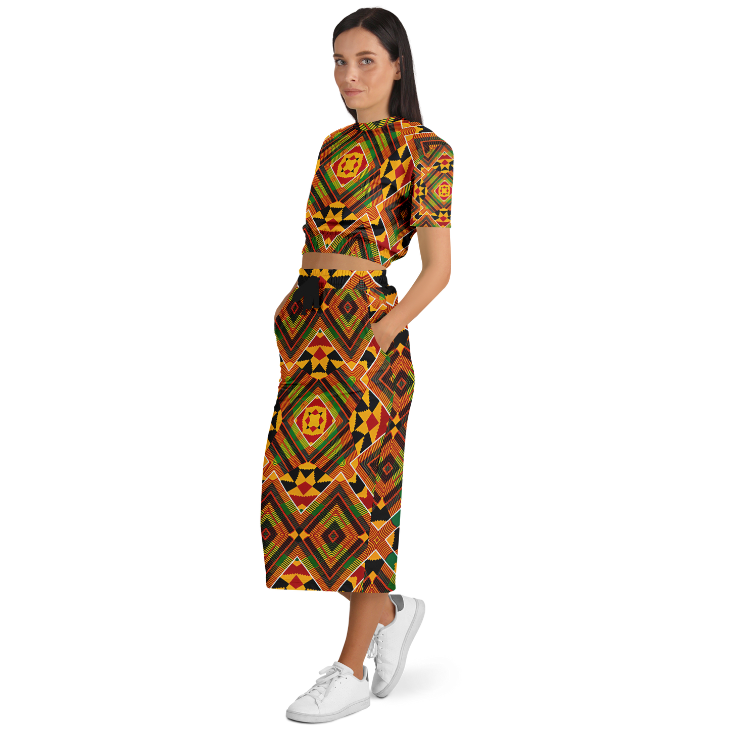 Women's Fashion Cropped Short Sleeve Sweatshirt and Long Pocket Skirt Set