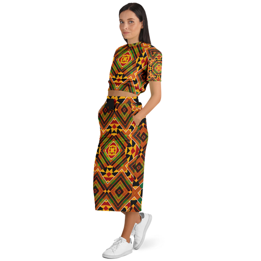 Women's Fashion Cropped Short Sleeve Sweatshirt and Long Pocket Skirt Set