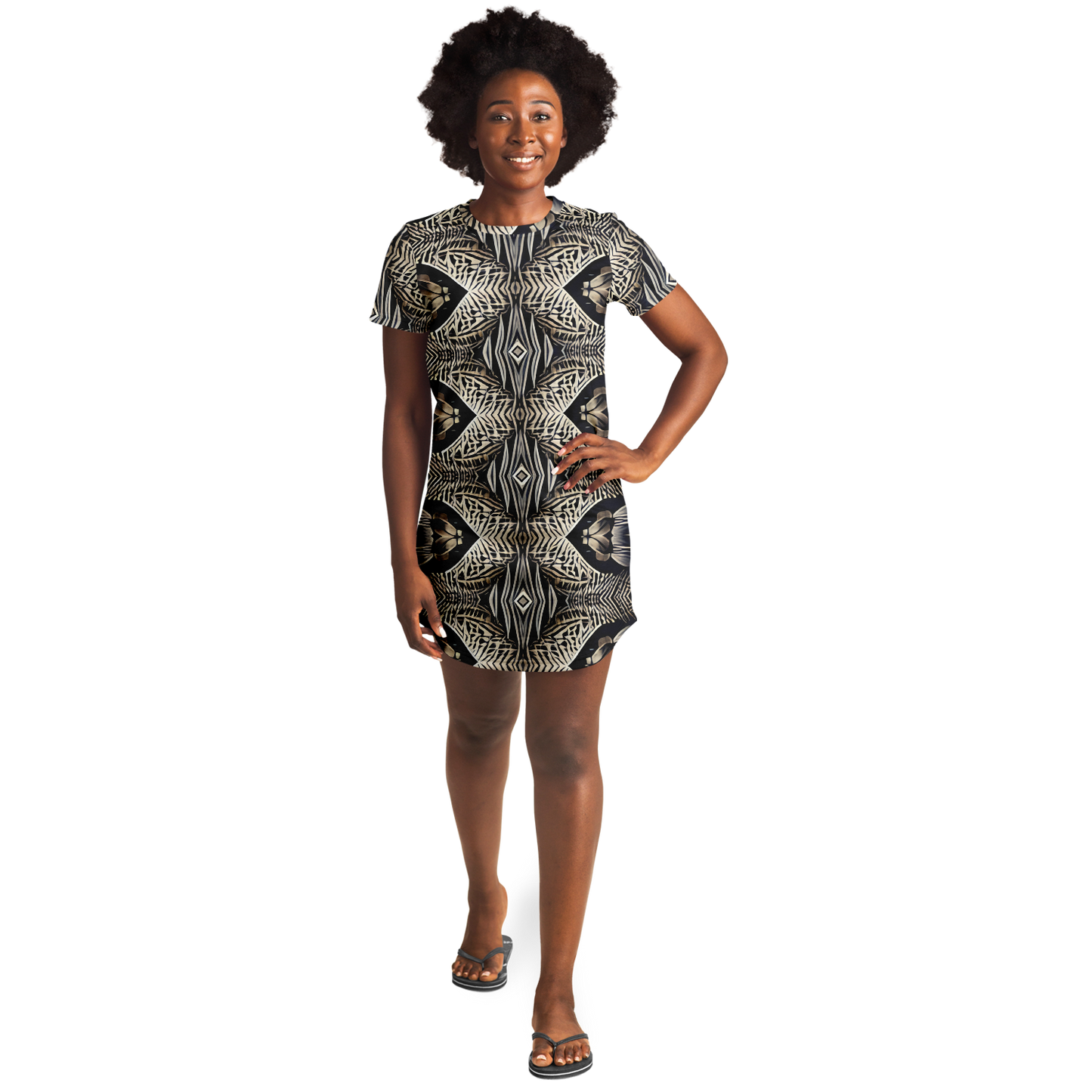 Women's Monochrome Geometric Kaleidoscope Pattern All Over Print T-Shirt Dress