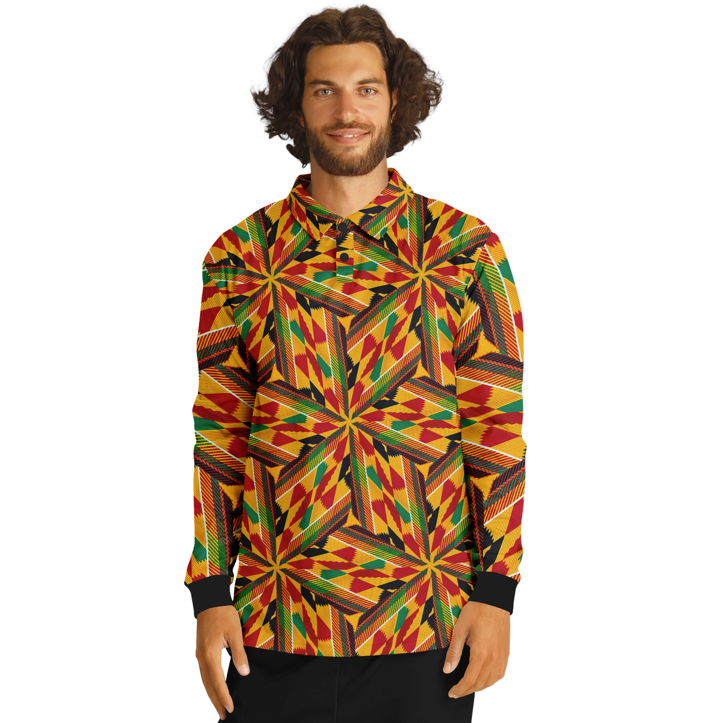 Men’s Vibrant African Kente-Inspired Pattern All-Over Print  Long Sleeve Polo Shirt