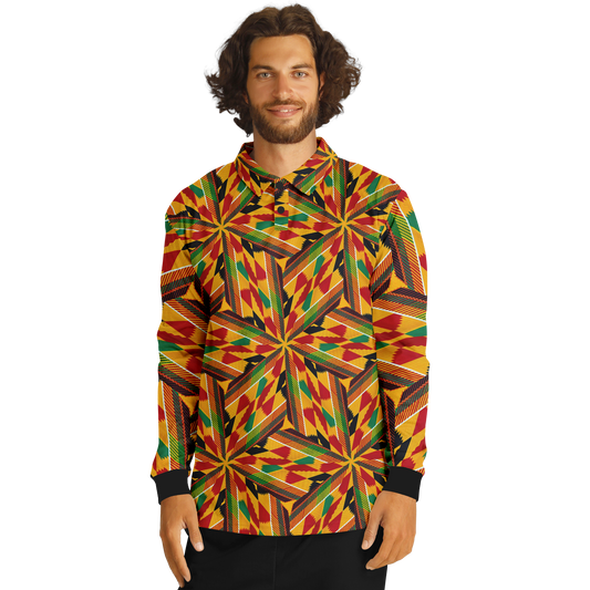 Men’s Vibrant African Kente-Inspired Pattern All-Over Print  Long Sleeve Polo Shirt