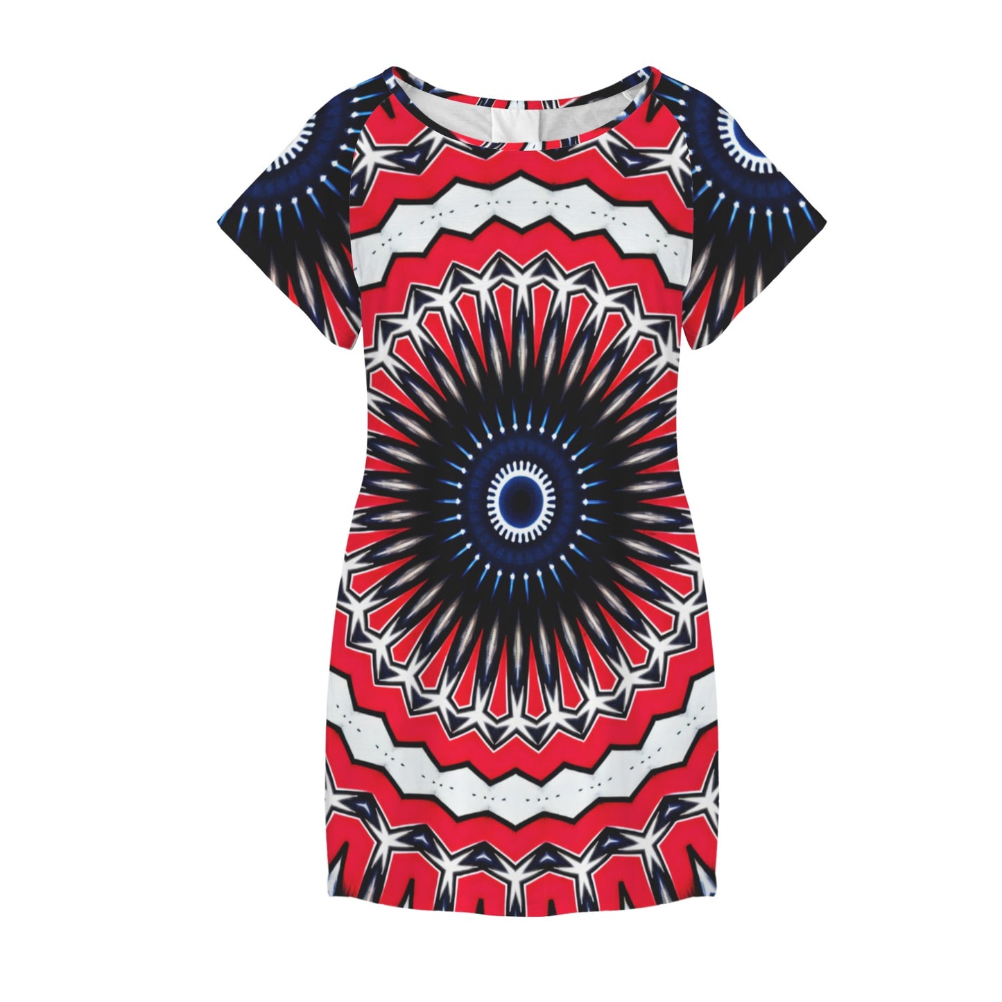 Women's Red, Black & White Psychedelic Pattern All-Over Print Round Neck Pocket Casual Dress