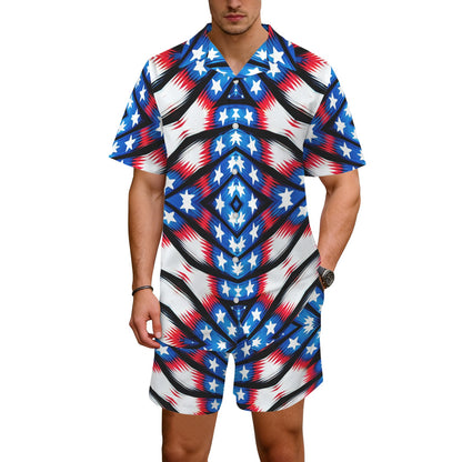 Men's American Flag Pattern All-Over Print Hawaiian Shirt & Shorts Set