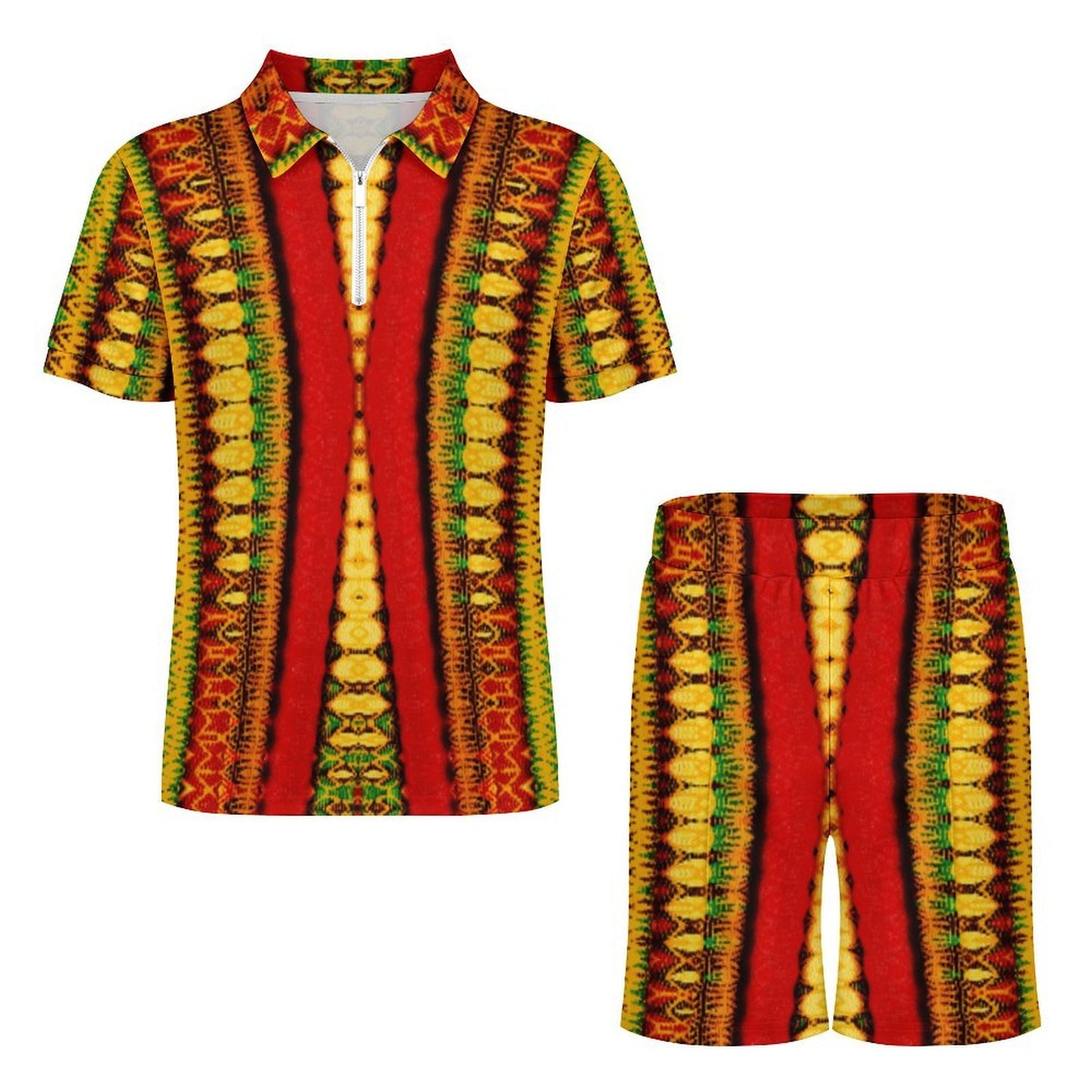 Men's Red Bold Tribal Pattern All-Over Print Zip-Up Polo Set