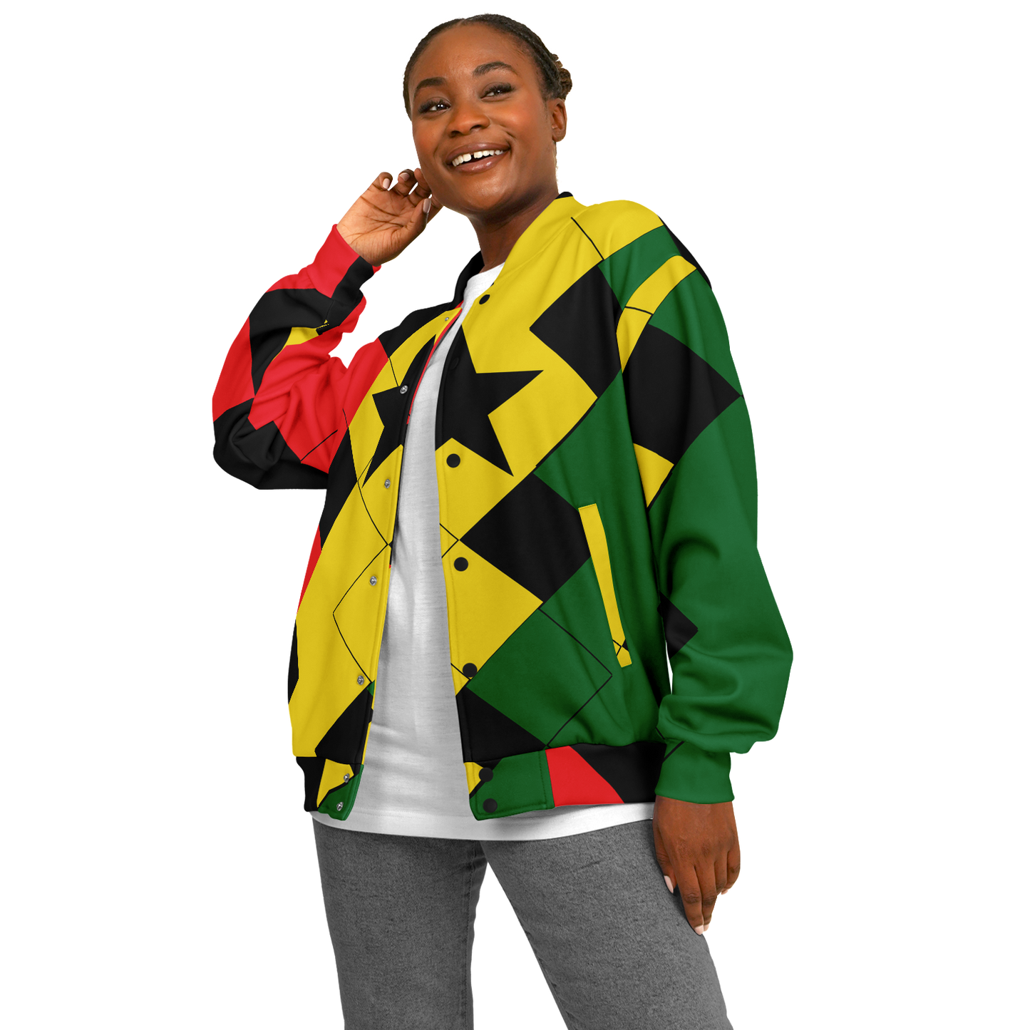 Women's Ghana Flag & Black Star Pattern All-Over Print Baseball Jacket