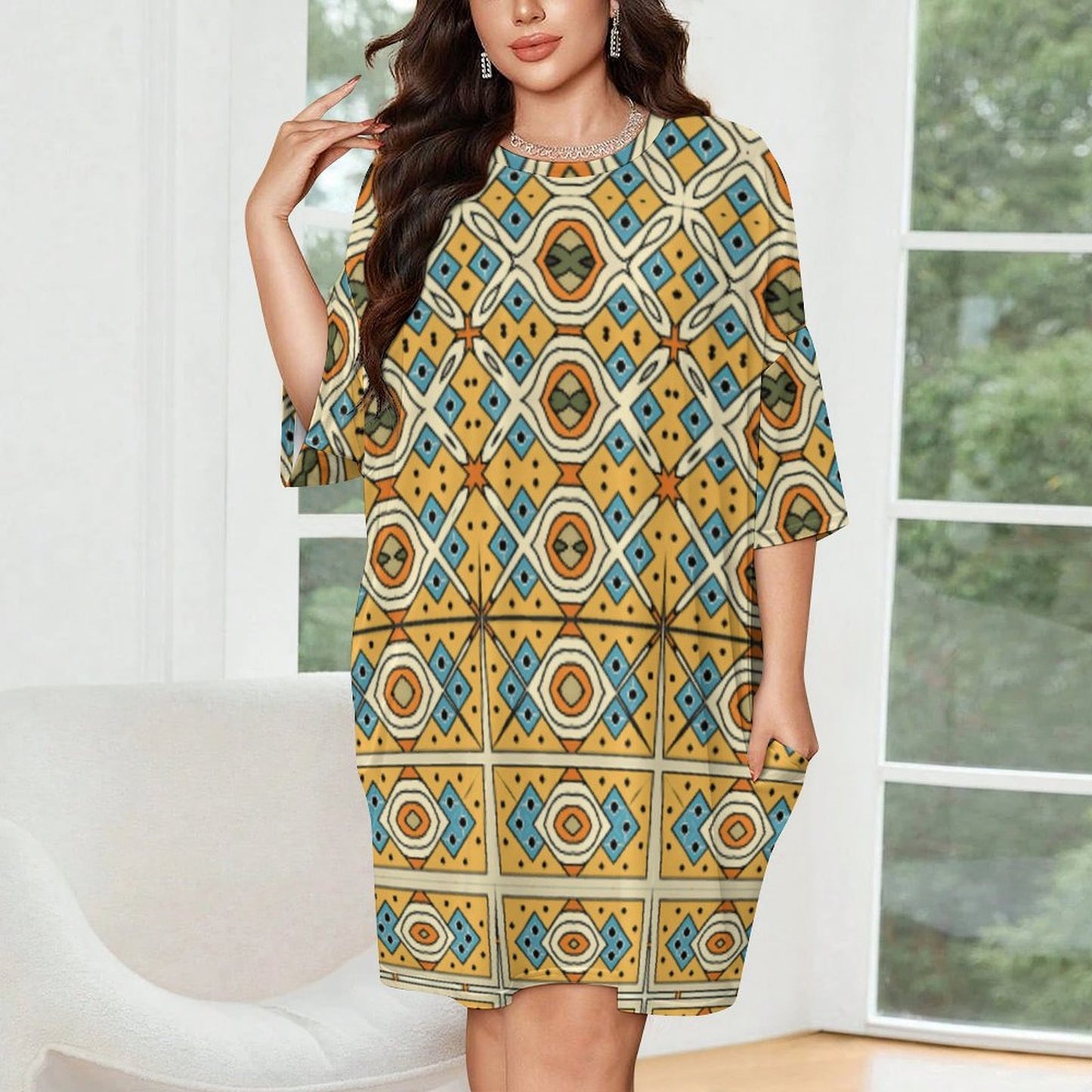 Women's Retro Geometric Tile Pattern All Over Print Oversized T- Shirt Loungewear